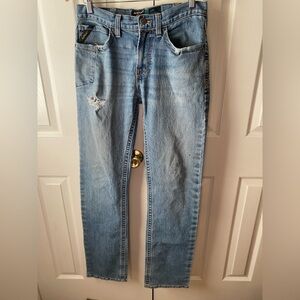 ARIAT REBAR M7 Slim Straight Rico Medium Wash Distressed Work Denim Jeans SZ 32